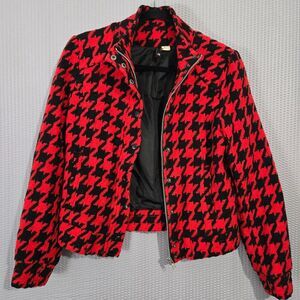 H&M Divided Womens Houndstooth Wool Blend Moto Jacket Size 10 Red & Black Preppy